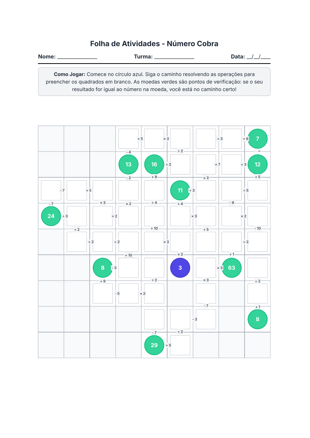 Exemplo da folha de atividades do jogo Número Cobra 9x9